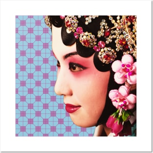 Chinese Opera Star with Baby Pink & Blue Tile Floor Pattern- Hong Kong Retro Posters and Art